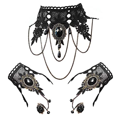 Daimay Gotisch Choker Halskette Armbänder Schmuck 3 PCS Halsband Ketten Victorian Steampunk Retro Zahnräder Spitze Vampir Slave Armband für Halloween Ostern Lolita Spitze Schwarz Geschenk