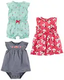 Simple Joys by Carter's Baby Mädchen 3-Pack Romper, Sunsuit Dress Infant-and-Toddler-Rompers, Marineblau Streifen/Minzgrün Kirschen/Rosa Floral, 0 Monate (3er Pack)