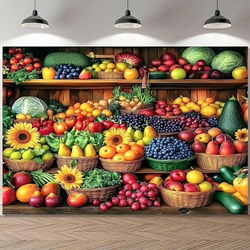 lebendiger Obst- und Gemüsemarkt-Hintergrund mit üppigen landwirtschaftlichen Produkten und Chrysanthemen-Design 150cmx100cm