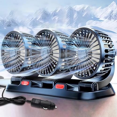 Shengruili Auto Ventilator,12V Drei Köpfe Ventilator Auto,360 ° Drehbarer Doppelköpfiger Ventilator,Auto Kfz Lüfter,Autolüfter,Auto Ventilator für Rücksitz,RV, LKWs, SUV