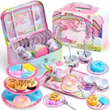 JOYIN 35Pcs Teeservice Kinder Einhorn Tee Party Set für Mädchen, Tin Teekanne Set, Prinzessin Tee Zeit Spielen Küche Spielzeug mit Dessert, Donut, für Geschenke Kinder ab 3 4 5 6 Jahren