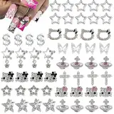 Bzzerumy® 54 Stück 3D-Sliver-Nagel-Charms, hochwertige Nail-Art-Verzierungen,Nail charms, exclusiv mit Strasssteinen für ein luxuriöses Maniküre-Erfahrung