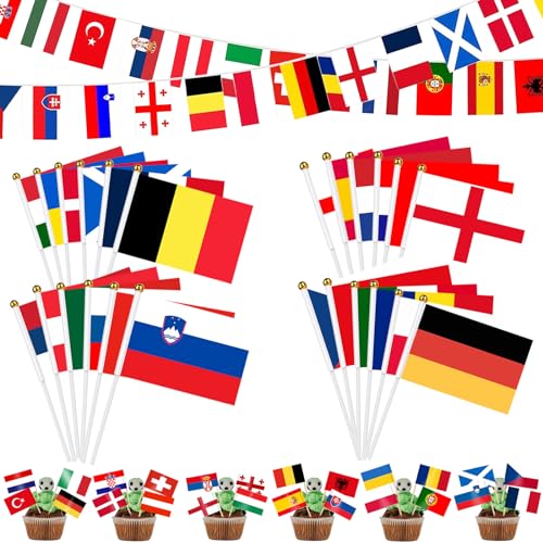 EM Deko 2024, 24 Länder Fahnen Wimpelkette 20x28cm + 48 Internationale Zahnstocherflaggen + 24 Länder EM Flagge Handgehaltene Flaggen Doppelseitige EM Deko für Haus Garten Bar Restaurant Party Deko