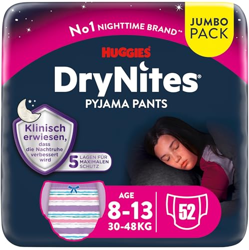 Huggies DryNites hochabsorbierende Nachtwindeln bei Bettnässen, für Mädchen 8-13 Jahre (30-48 kg), 52 St. (4 x 13), Jumbo-Monatspack, Windel-Pants