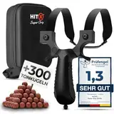 HITX® Zwille Steinschleuder Bundle Set | Super Grip Oberfläche | Slingshot Schleuder mit Gummiband | Einfache Clip-Anbindung | Sportgerät im Bundle Set mit Ersatzgummi + 300 Tonkugeln