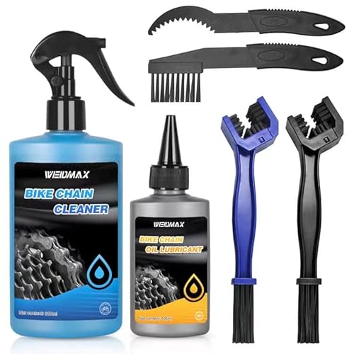 WEIDMAX Fahrrad Kettenreiniger Set, 6 in 1 Fahrrad Reinigungsset mit 100 ml Fahrrad Kettenöl und 300 ml Fahrradketten Reiniger Spray, Fahrradpflegeset mit Bürsten, Fahrradreiniger für Alle Fahrrädern