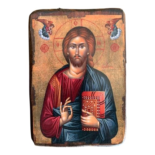 IconsGr Orthodoxe Ikone Jesus Christus / A0, Ungerahmt, Wandbild, Wohnzimmer, Griechisch-orthodoxe Ikone aus Holz, 9 x 7 cm