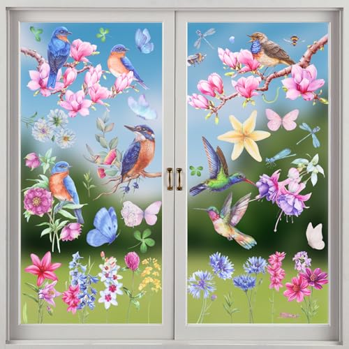 OCCOUMR 9 Blatt Fensterbilder Frühling Vögel Selbstklebend Blumen Aufkleber Blumen Vogel Schmetterling Fenster Abziehbilder Sticker Fensterdeko für Kinderzimmer Badezimmer Wohnzimmer