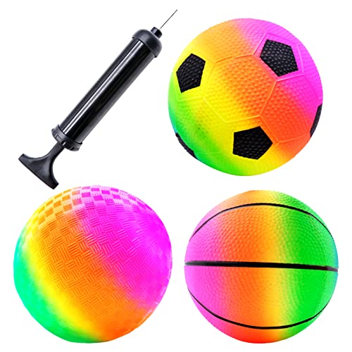 BLLREMIPSUR Regenbogenbällen Inflation Strandbälle PVC Bouncy Kickball Flap Ball mit Pumpe, 3 pcs Weiche Bälle, Fußball, Basketball, Regenbogen Sportbälle für Indoor Outdoor