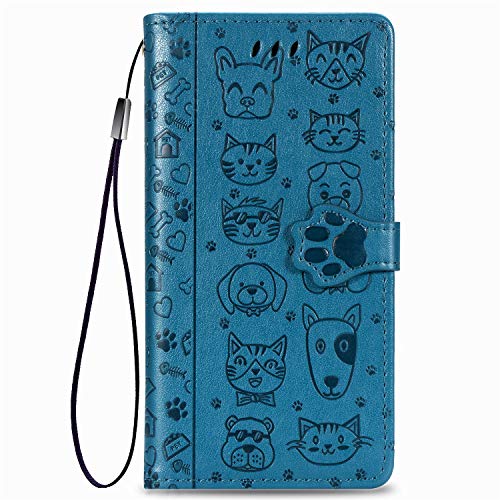 Rnrieyta Miagon PU Leder Brieftasche Hülle für Oppo A58 5G,Katze Hund Tier Prägung Design Flip Tasche Standfunktion Cover mit Karten Slot Magnetverschluss,Blau