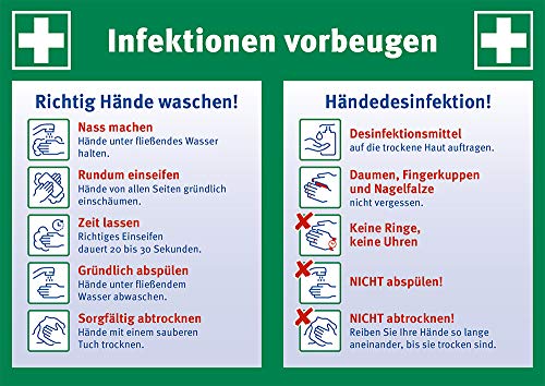 Aushang Infektionen vorbeugen, Anleitung zum Händewaschen und zur Händedesinfektion, Selbstklebende Folie, 297 x 210 mm, DIN A4, Aufkleber, Infektionsprävention