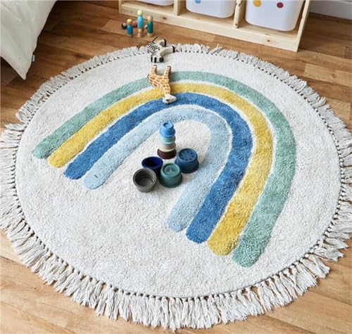 Herfair Teppich Rund, Regenbogen Kinderteppich Mädchen Weiche Boho Kinderzimmerteppich Babymatte rutschfest für Schlafzimmer Kinderzimmer (Blau,80cm)