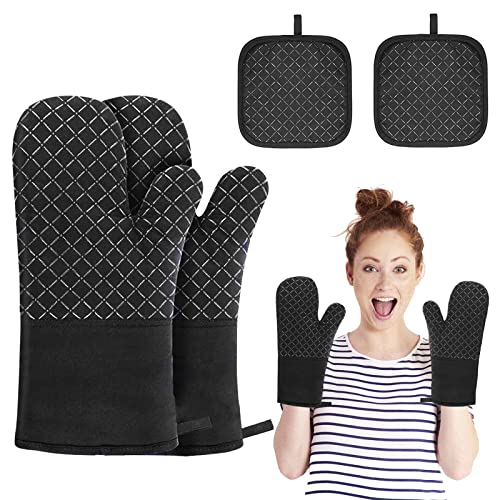 Phantasy® Ofenhandschuh und Topflappen Set, 260℃ Hitzebeständige Topfhandschuhe mit Silikon Linien Anti-Rutsch Design, Topflappen Handschuh für Küche, Backofen, Mikrowelle, Rhombic