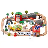 ieron Holzeisenbahn-Set 79-teilig, Eisenbahnschienen-Thema, Modelleisenbahn-Set für Kleinkinder, Eisenbahnbausatz, inklusive Mini-Fahrzeuge, Gebäudekonstruktion