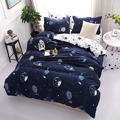 Omela Bettwäsche Planeten 135x200 Kinder Jungen Sterne Weltraum Universum Blau Weiß Wendemotiv Kinderbettwäsche Set, 2 teilig, Bettbezug und Kissenbezug 80x80 cm Reißverschluss