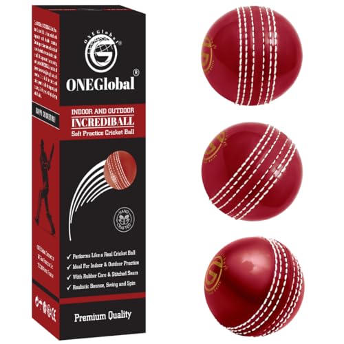 ONEGlobal Soft & Safe Practice Cricket Ball | Weicher & Sicherer Gummi-Cricketball zum Üben | Mit Echter Naht & Kern für Hüpfen & Schwingen | Ideal für Selbstvertrauen & Streichhölzer (3-Rot)