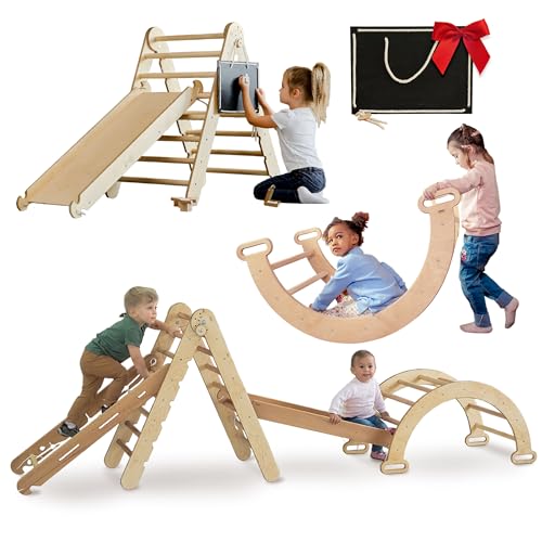 4in1 Montessori Indoor-Klettergerüst für Kinder - hölzernes Dreieck, Bogen & Kletterrampe & Netz Indoor Play Gym für Kinder - Babyklettern für Set Kids Age 1-5 XL Size