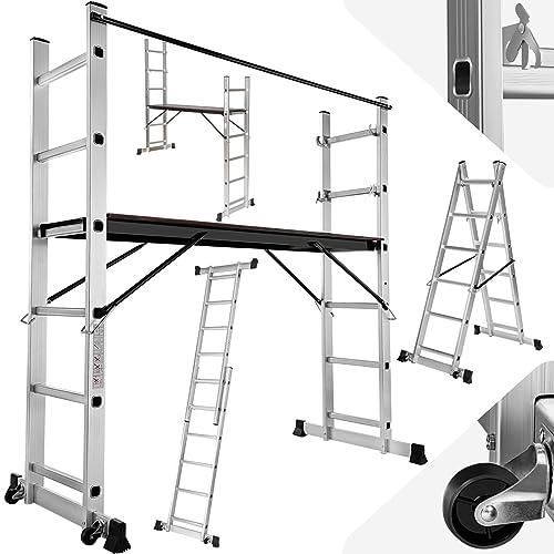 TecTake Gerüst, Leiter 4 in 1, mobile Mehrzweckleiter, Arbeitsbühne, Baugerüst, Alu Gerüst, Rollgerüst mit Arbeitsplattform, Haushaltsleiter, belastbar bis max. 150 Kg - Silber