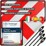 ATHELON® 3in1 Warntafel für Italien, Spanien & Portugal - Reflektierendes Warnschild inklusive 4X Spanngurte - Hochwertige Warntafel Italien für Fahrradträger (Warntafel + Gummi)