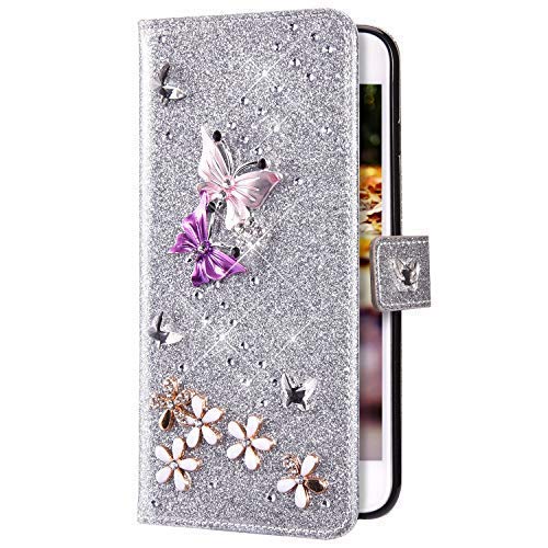 Uposao Kompatibel mit Samsung Galaxy A51 Hülle Schmetterling Blume Diamant Strass Bling Glitzer Handy Hülle Leder Wallet Schutzhülle Brieftasche Hülle Klapphülle Tasche Kartenfächer,Silber