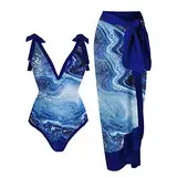 Awrvia Badeanzug Damen Sport Zweiteilig V Ausschnitt Badekleid Elegant Blumen Gedruckt Schwimmrock Set Sexy Mode Badeanzugkleid Sport Langer Schwimmanzug Vintage Monokini Schlanke Strandmode