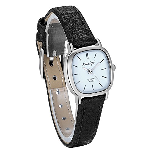 JewelryWe Damen Uhren Schwarz Leder Band Slim Uhr Frauen Kleid Mode wasserdichte Klassisch Zeitlos Einfach Design Analog Quarz Armbanduhr mit Weiß Quadrat Zifferblatt