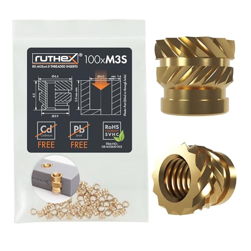 ruthex Gewindeeinsatz M3 SHORT – 100 Stk. RX-M3Sx4.0 BLEIFREIE Gewindebuchse aus Messing - stabile Einschmelzgewinde/Einpressmutter - Einschmelzen von Gewindehülse in 3D-Druck-Teile aus Kunststoff