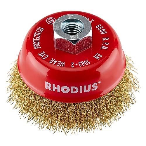 RHODIUS MTBW | 1 Stück Ø 80 mm Topfbürste vermessingt | gewellter Draht 0,3 mm, M14, Drahtbürste Winkelschleifer, Reinigungsbürste, Stahlbürste