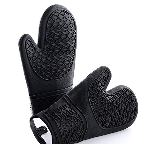 Ofenhandschuhe Silikon, RIFNY Topfhandschuhe Backhandschuhe Hitzebestaendig bis zu 260°C Anti-Rutsch Lange Backofenhandschuhe für Kochen Backen, backofen Handschuhe oven gloves(Schwarz)