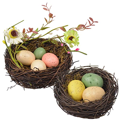 WideSmart Ostern Bird Nest,2 Stück Vogelnest Deko -Vogelnest mit Eiern Osternest Naturnest Deko Nest Frühling Zweige Rattan Nest Handgefertigtes Künstliches Vogelnest Fotorequisiten Gartendekoration