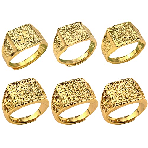 CYUaoao 6 Stk Herren Vergoldeter Ringe Set Hip Hop Ringe Verstellbar Siegelringe Rock Ring Reich Glück Reichtum Kanji Bandring Trauring Gold