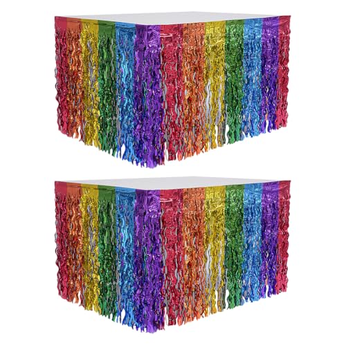 2 Stück 75 x 275 cm Regenbogen-Party-Tischrock, Girlanden, buntes Lametta-Tischrock, Banner, Metallfolie, Tischrock, Geburtstag, Tischschlangen, Babyparty, Tischröcke, Gay Pride, Party-Dekorationen