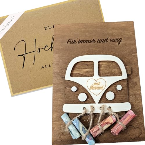 Woodland Mail Hochzeit Geldgeschenk - Van aus Holz, Geld zur Hochzeit zu verschenken mit einer hochwertigen Hochzeitskarte (Hochzeitsbus)