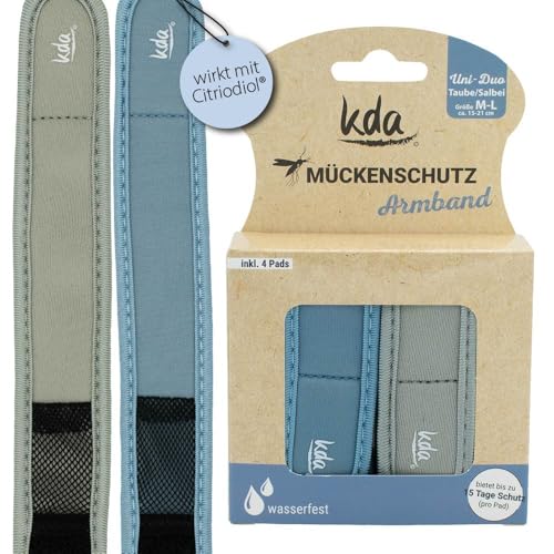 kda Mückenschutzarmbänder Uni DUO für Erwachsene - 2 Armbänder und 4 Nachfüller pro Packung - Sicherer Mückenschutz Moskito Insektenschutz - Taube & Salbei Design - Nylon Outdoor Wandern Camping Sport