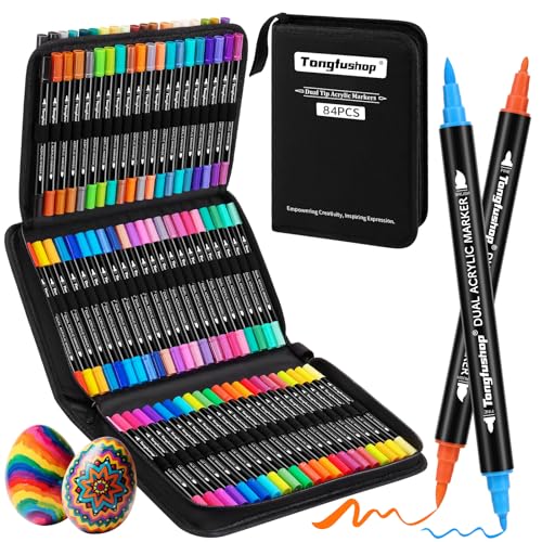 Tongfushop 84 Farben Acrylstifte Set, Doppelspitze Acrylstifte für Steine Wasserfest, Schnelltrocknende Steine Bemalen Acrylic Marker für Glas, Holz, Keramik, Leinwand, Basteln Ostern, Weihnachten.