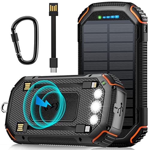 Solar Powerbank 36000mAh Solar Ladegerät Mit 3 Kabel USB C Eingang 15W Schnellladung, Wireless Power Bank Tragbares Outdoor Externer Handyakkus mit Solarzelle &Taschenlampe für iPhone Samsung