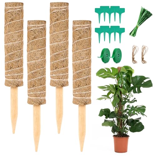 Vicloon Moosstab, 4 Stück 30CM Pflanzstab Kokos, Mit 5 Pflanzenetikett, 1 Rolle Klettverschluss, 94 Seile, Kokosstab für Pflanzen aus Natürlicher Kokosfaser, Rankhilfe Monstera