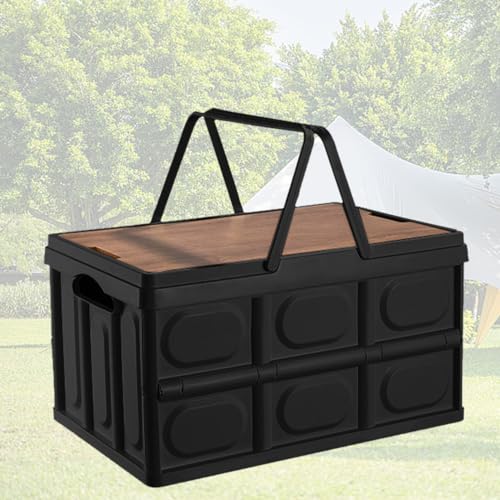 GOLRISEN Campingbox 30L Picknickkorb Aufbewahrungsbox Stapeln Camping Klappbox Ordnungsboxen Faltbox Schwarz Campingtisch Stapelboxen Plastikbox mit Deckel für Hause Büro Camping Picknick Reisen