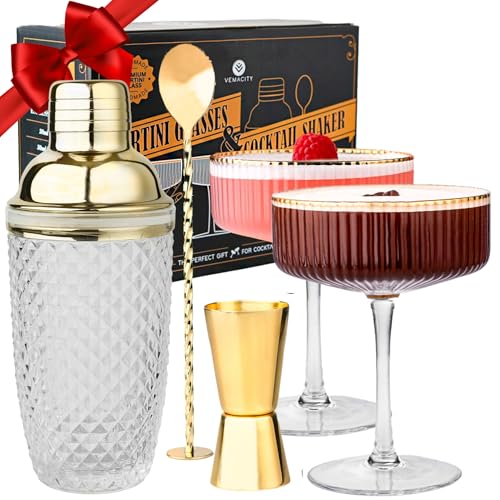 Vemacity Cocktail Set - Glas Cocktail Shaker mit Sieb 450ml | Ink. 2 x Martini Gläser mit Goldrand Gold Bar Spoon & Jigger | Elegantes Barkeeper Set | Cocktailshaker Set | Cocktail Mix Set