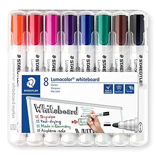 STAEDTLER Whiteboard-Marker Lumocolor, trocken und rückstandsfrei abwischbar von Whiteboards, ca. 2 mm Linienbreite, hohe Qualität, Rundspitze, Set mit 8 Farben, 351 WP8