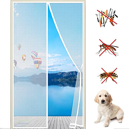 Magnet Fliegengitter Tür Fiberglas 90x215cm Insektenschutz Balkontür, Kratzfest, Stärkere Magneten Fliegenvorhang für Balkontür, Kellertür und Terrassentür, Weiß Anpassbare