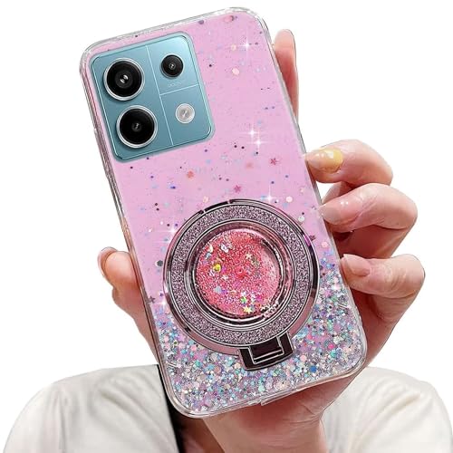 Tivenfezk Nadoli Sparkle Treibsand Ständer Hülle für Xiaomi Poco X6 5G,Versteckt Ständer Ring Klar Glitzer Stern Handyhülle Durchsichtig Bling Schutzhülle Case Cover,Rosa