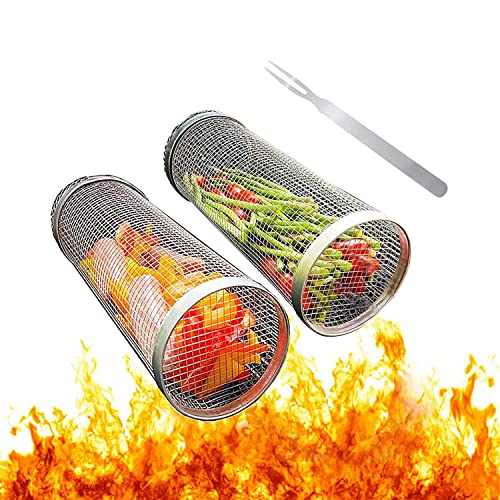 2 Stück Rolling Grillkorb mit Gabel ， Edelstahl Grillkorb Grill Korb mit Griff,Grillkorb Grill Rack für Außengrill Gemüse, BBQ Grillhalter Grill Korb für Pommes,Fisch,Garnelen,Camping Essentials