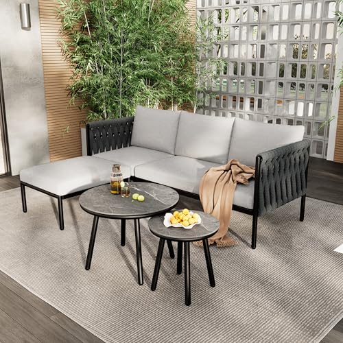 Miyemo Gartenmöbel Set, Balkonmöbel Set für 4-Sitzer, Lounge Möbel Outdoor, Garten Sitzgruppe mit Sofa + 2 Couchtische + Fußhocker, Dickes Seilgeflecht, Glastisch mit Marmoroberfläche, Grau (4-Sitzer)