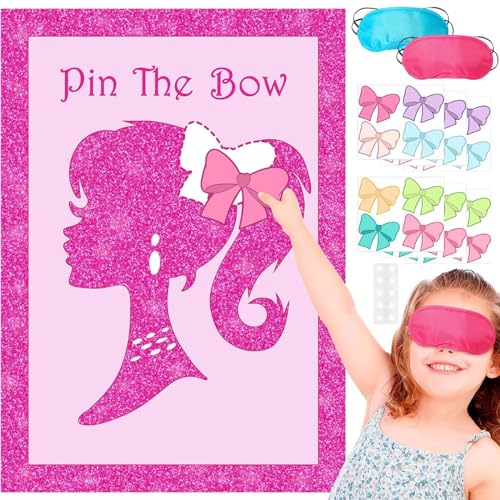 Pin The Bow Partyspiele für Kindergeburtstag,Kindergeburtstag Spiele,Rosa Prinzessinnen Poster,Rosa Party Dekorationen für Kinder,Geburtstagsparty-Spiele,Rosa Geburtstagsdekorationen