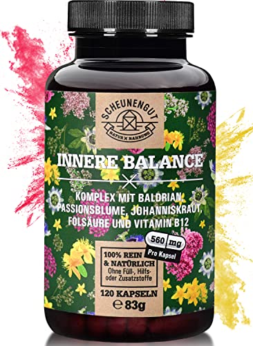 INNERE BALANCE® Johanniskraut Baldrian Passionsblume Kapseln hochdosiert - WICHTIG: Laborgeprüfter Komplex mit Hypericin, Hyperforin, Folsäure & Vitamin B12-120 Stk- SCHEUNENGUT®