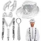 CHRI glitzer outfit herren 5er Set，glitzer hemd Zubehör deko glitzer outfit Accessoires mit Pailletten Hosenträger, hut, krawatten, fliege, handschuh für Fasching disco party