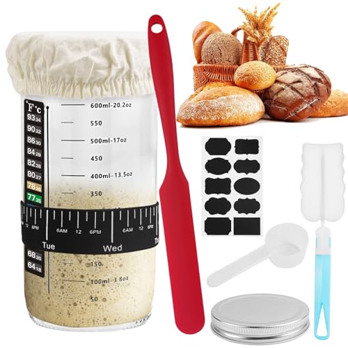 DONQL Sauerteig Starter Set, 730ML Sauerteig-Starterglas Set, Sauerteig Glas mit Thermometer, Datum Markiert Fütterung Band, Stoffabdeckung, Aluminium-Deckel & Silikonspatel, Brot Backen Zubehör