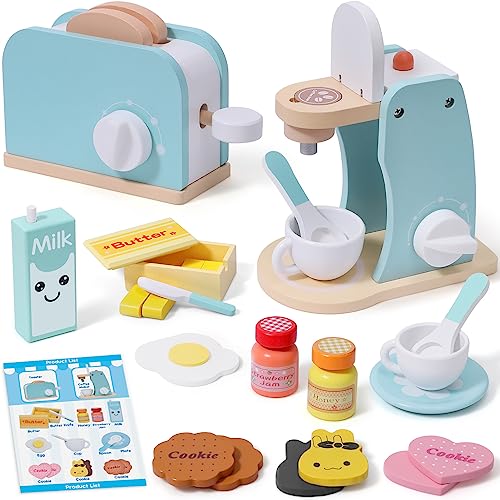 Holz Kaffeemaschine & Pop-up Toaster Spielzeug Spielküche Kinderküche Zubehör mit Brotscheiben Butter Milch Soße Ei Lernspielzeug Holzspielzeug Rollenspiel Geschenk für Mädchen Jungen 3 4 5 6 7 Jahren