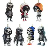 2024 Swinging Skeleton Dangle Pendant Ornament, 7PCS Swaying Hanging Ornament Creepy Skull Figurine, 2D Flat Car Rear View Mirror Hanging Accessories for Halloween Decorations for car, Backpack, Auto